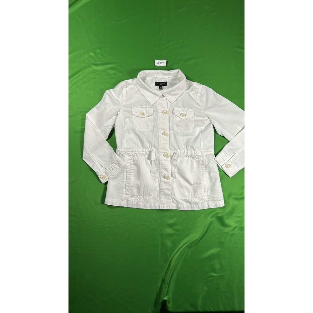 Talbots Petite White Twill Utility Jacket Button Front Drawstring Waist PS